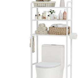 3-Tier Over The Toilet Storage, Bathroom Organizer, Space-Saving, Above Toilet Storage Rack with 4 Hooks and Paper Holder, Metal Shelf, White