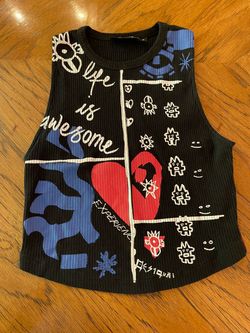 Like New Women’s Black with Red, White, and Blue Desigual Tank Top - Medium