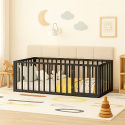 Twin Bed Floor Bed with Fence and Door, Kids Montessori Floor Bed Without Slats, Cute Montessori Bed for Kids, Girls, Boys, Wo... See more