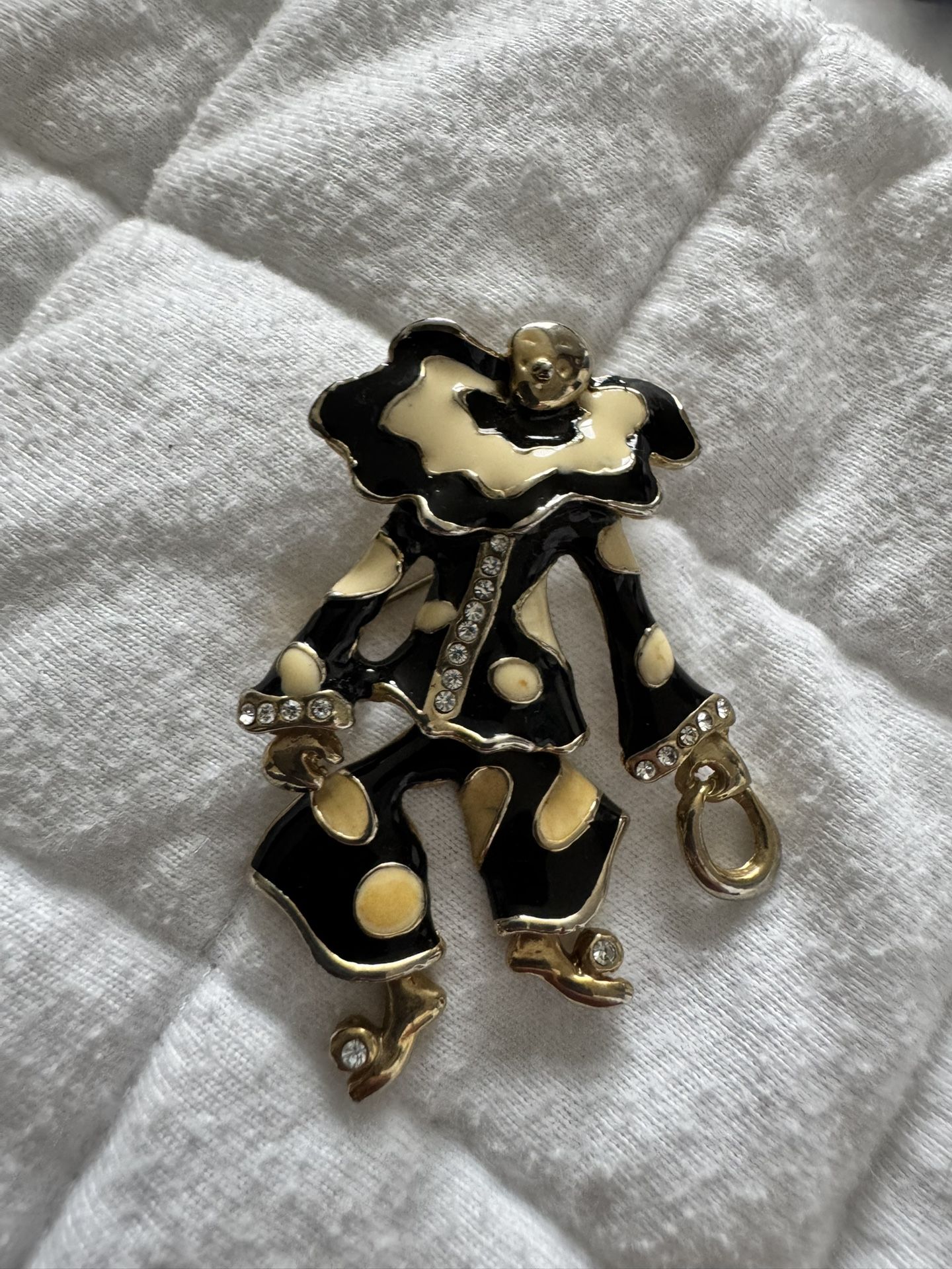 1980 Clown Pin Brooch Black, Fold, White And Crystals
