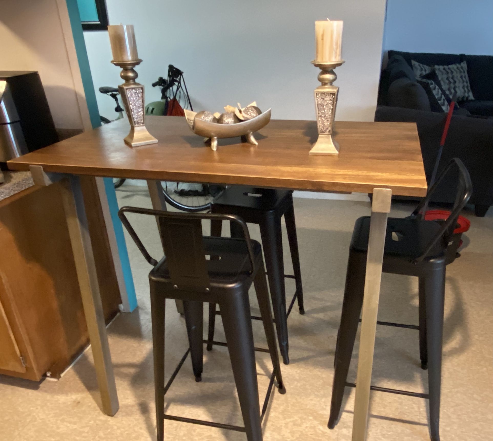 High Table 42”H  48”L With 3 High Chairs 39” 