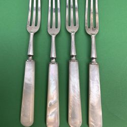 4 Antique English R & B Sterling Silver Small Forks with Mother of Pearl Handles 