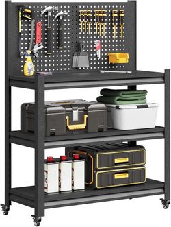 Workbench with Pegboard, Adjustable Heavy Duty Work Table with Wheels, Heavy Duty Workstation, Metal Tool Work Bench for Garage Warehouse Workshop, 48