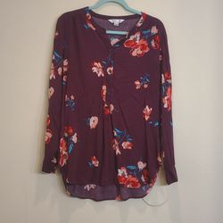 Old Navy Floral Long Sleeve Burgundy Women's V-Neck Casual Blouse Size XL
