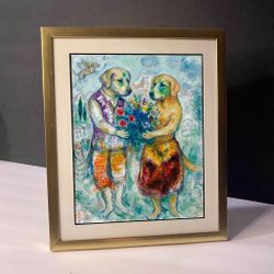 Charming Marc Chagall–Style framed print – anthropomorphic golden retrievers with bouquet 8”x10”
