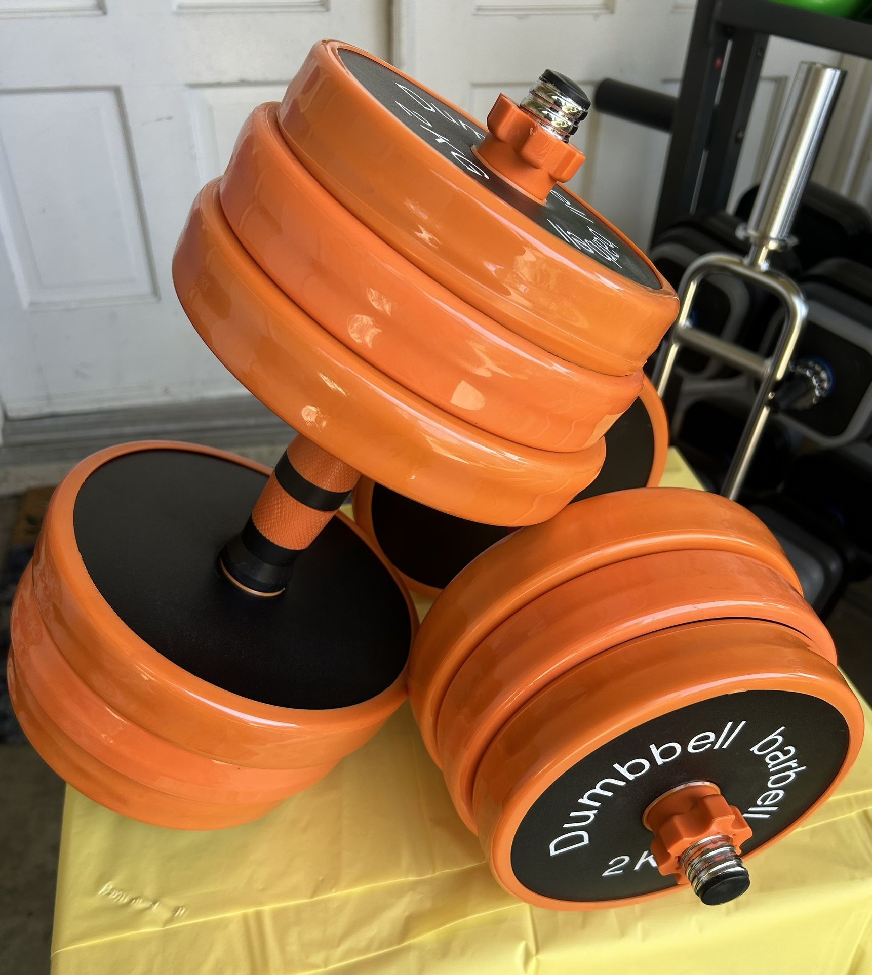 New 66 Pounds Dumbbells Each 33 Pounds Each they come with an extra bar so you can connect them and work out for your chest