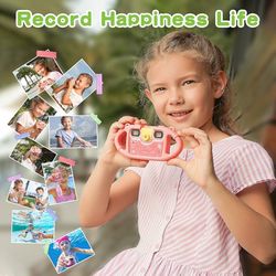 Kids Camera, Waterproof Camera with Underwater Pouch and Silicone Handles for Girls Ages 3-12 - 1080p Selfie Camera with a Bicycle Mount and Timer Opt