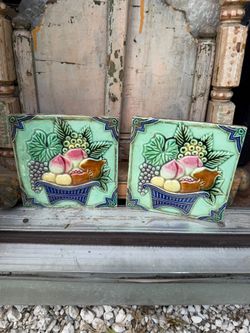 2 Vintage Rare Japenese Fruit Basket Tile