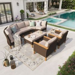 New Heavy Duty PHI VILLA Outdoor Patio Furniture Patio Sofa Set 9 Seater Half Moon Curved Oversized Wicker Patio Set with Cushions, Beige for Poolside