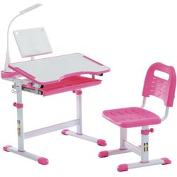 New Kids Functional Desk and Chair Set, Height Adjustable Children School Study Desk with Tilt Desktop, Book Stand, LED Light