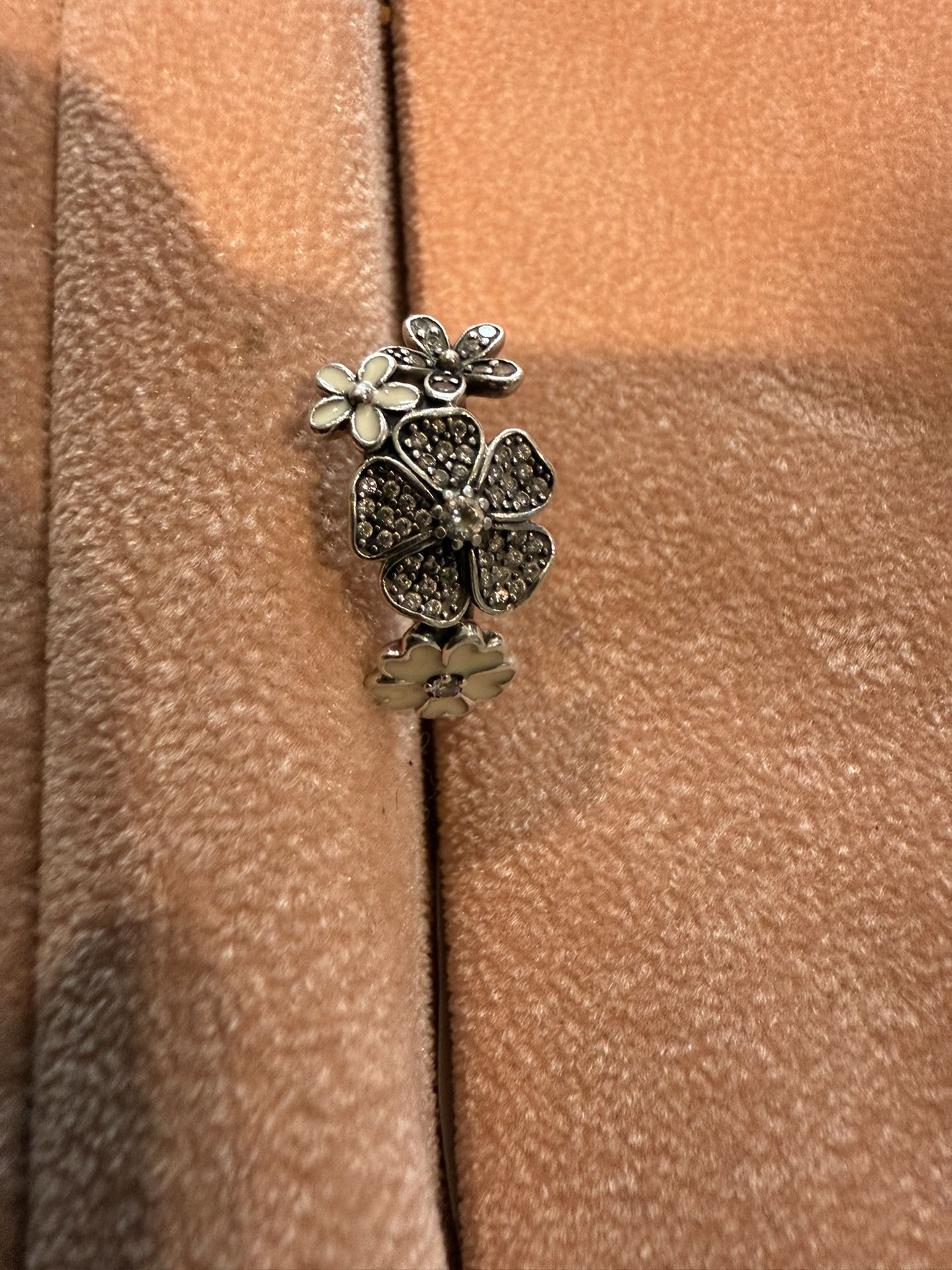 Sterling Silver Pandora Shimmering Bouquet Enamel & Cubic Zirconia Pink Flower Floral Ring