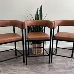 LUE BONA Barrel Bar Stools Set of 3, 26'' Modern Bar stools with Arms & Metal Frame, PU Leather Coun