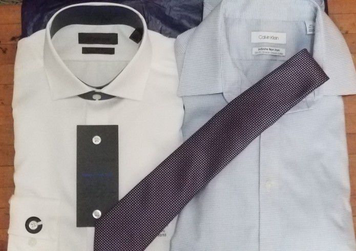 TWO Calvin Klein Men's Dress Shirts Slim Fit and new tie
