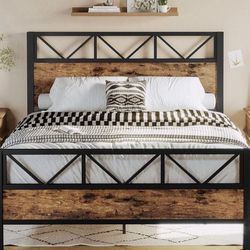 Queen Bed Frame, Tall Industrial Headboard 51.2", Platform Bed Frame Queen with Strong Metal Support, Solid and Stable, 
