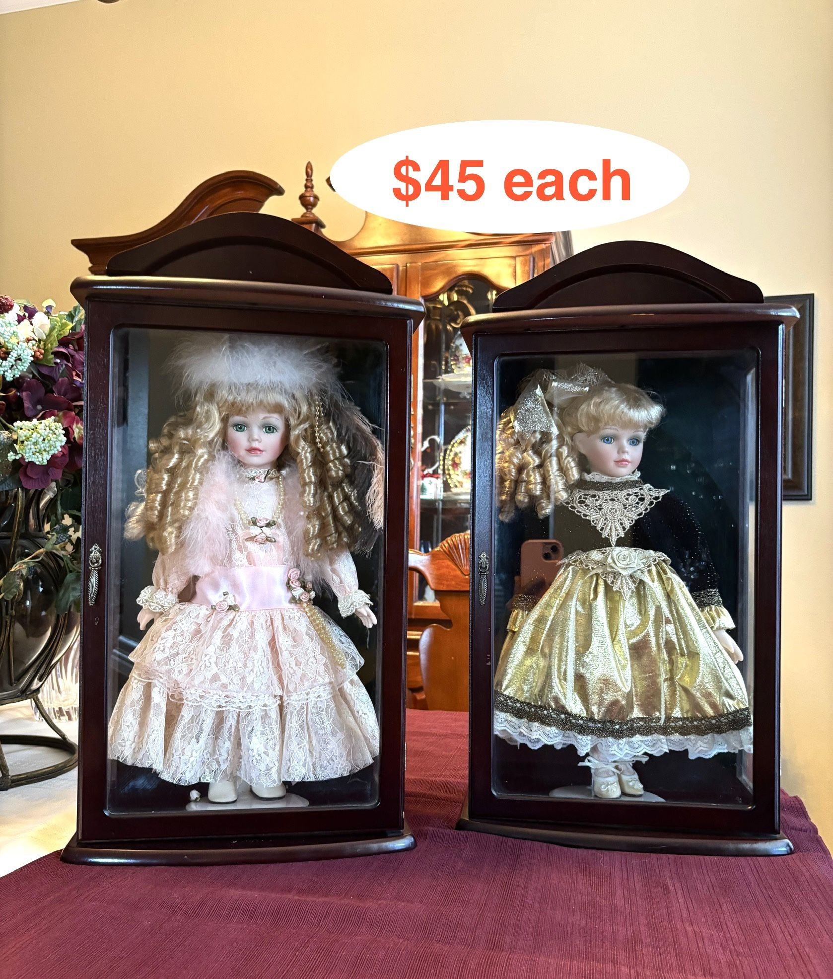 Vintage Little Ladies Limited Edition Collectible Series Porcelain doll in a Curio with glass front.