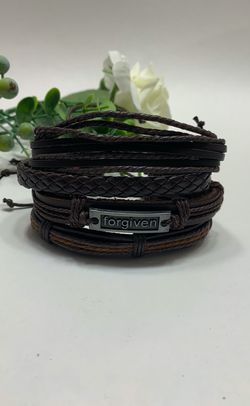 Adjustable Size up to 9.5inc Braided Multilayer Leather Bracelet (Set of 4), Forgiven