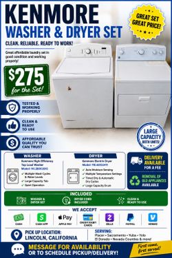 Kenmore washer and electric dryer set $275