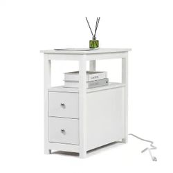 Narrow Side Table Cabinet With 2-Drawers And USB Power Socket