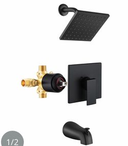 Tub Shower Faucet Set (Valve Included) With 6-Inch Rain Shower Head And Tub Spout, Black Shower Head And Handle Set?Single-Handle Tub And Shower Trim 