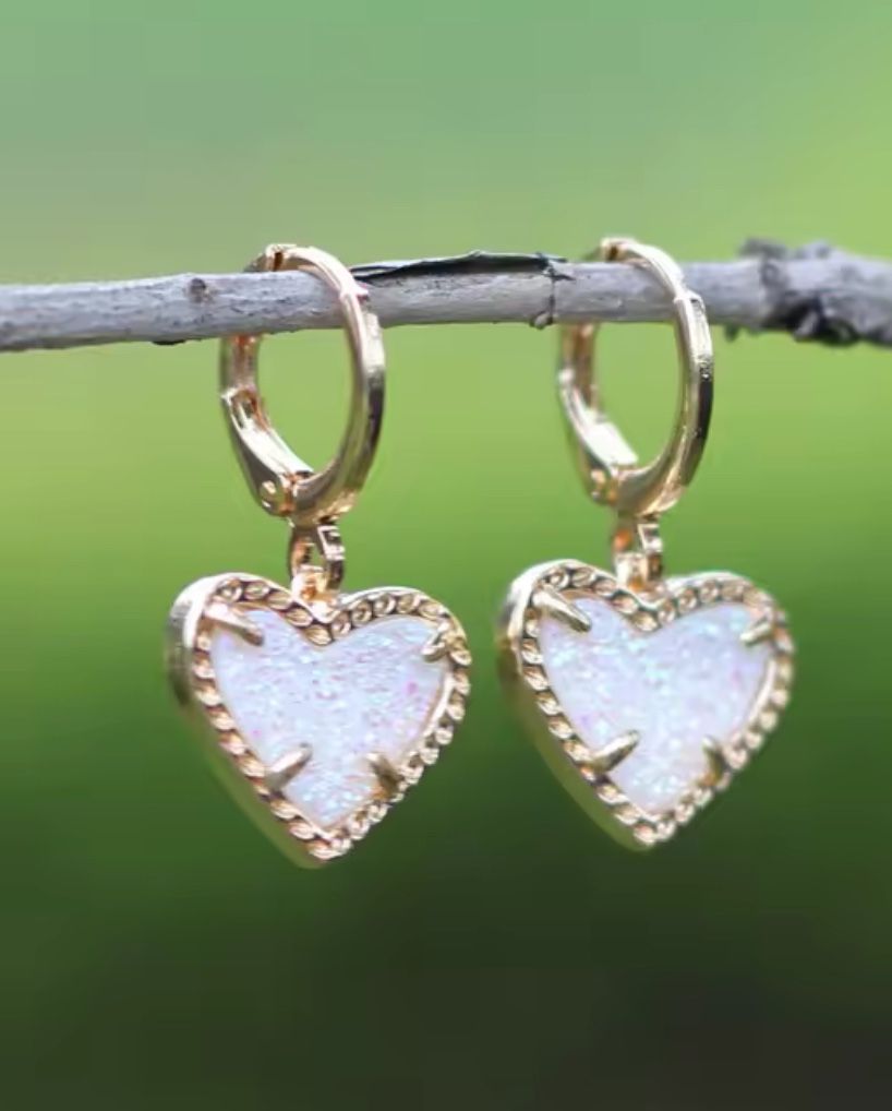 14k gold plated White Crystal Heart Hoop Dangle earrings