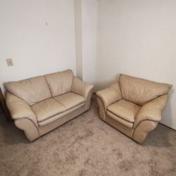 Beige Leather Chair And Loveseat