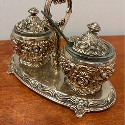 Antique Harrison Fisher Silver Plated Floral Jam and Jelly Jars with Caddy
