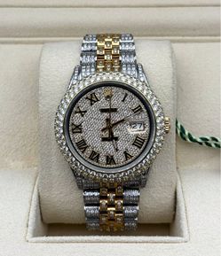 Rolex Datejust 36mm two tone natural diamonds 10CTW bussdown iced out yellow gold stainless roman dial 1603 stainless steel jubilee bracelet watch box