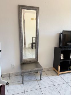 Stunning Silver Embossed Full Mirror and Matching Accent Stool (Used for 1 Day) - $55