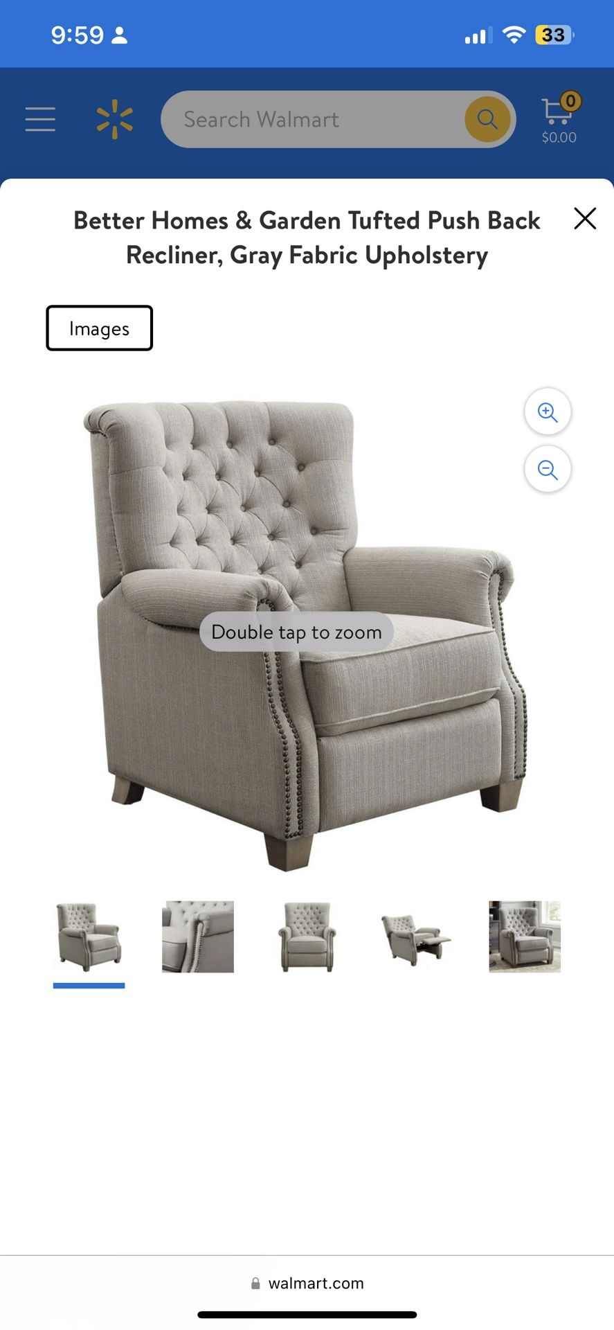 BETTER HOME & GARDENS TUFTED PUSH BACK RECLINER, GRAY,, FABRIC UPHOLSTERY