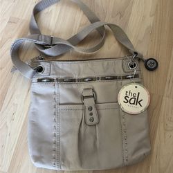 The Sak Leather Crossbody Hipster Taupe W/Tassel & Adjustable Strap
