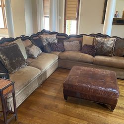 Fluffy Tan & Brown Sectional Couch With Feathered Cushion