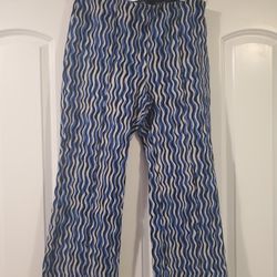 Anthropologie Maeve Women's Large Margot Kick Flare Trouser Pants Wavy Blue Stripe