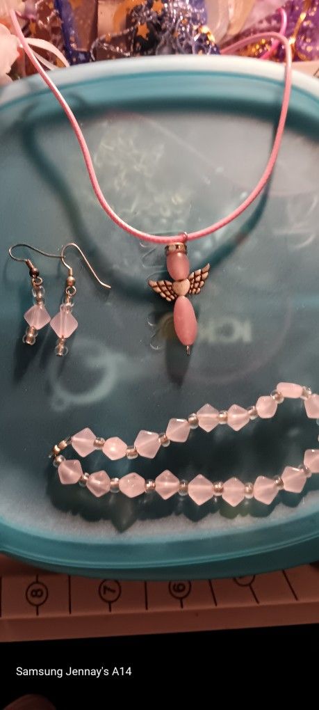 Pink Angel Jewelry Set Earrings Bracelet Necklace