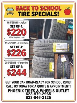 ​🍎🚗 BACK TO SCHOOL TIRE SPECIALS! 🚗🍎 Get your vehicle ready for school runs and daily commutes. Check out our unbeatable set pricing on 15-inch ti