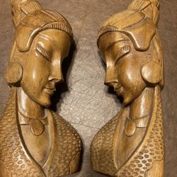 $30- For 2 Beautiful Mid Century Carved Wooden Ladies 
