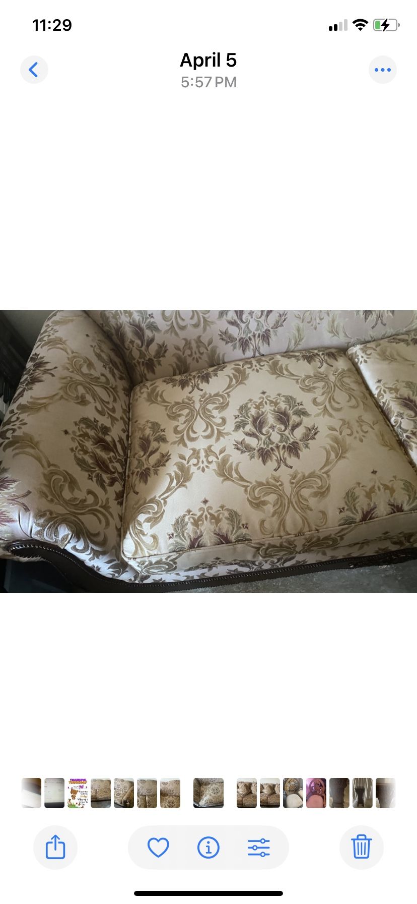 Couch and Love Seat Fabric Champagne Print With Dark Walnut Wood Accents .Like New