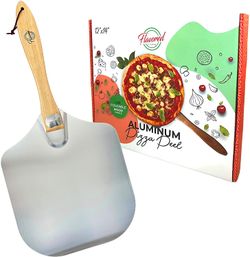 Aluminum Metal Pizza Peel and Foldable Wood Handle to Easily Store, Restaurant Grade 12 x 14 Inch Pizza Paddle, Sturdy Pizza Spatula Turner for Homema