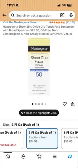 Neutrogena Sheer Zinc Oxide Dry-Touch Face Sunscreen with Broad Spectrum SPF 50, Oil-Free, Non-Comedogenic & Non-Greasy Mineral Sunscreen, 2 fl. oz