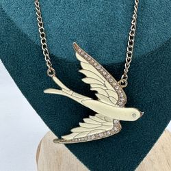 Swallow Cream Enamel Rhinestones Gold Tone Necklace 20” Long 2” Extension Some Wear