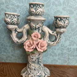 Vintage Ceramic Candelabra 3 Candlestick Holder 3D Beautiful Roses Antique Green
