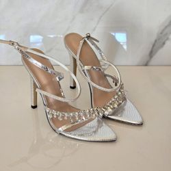 Elegant Silver Strappy Rhinestone embelished Heels size 38