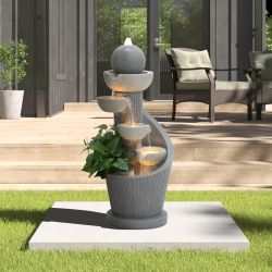 Cascading Pot Fountain with Lights – 5-Tier Spiral Gray Resin Outdoor Design ,F1956