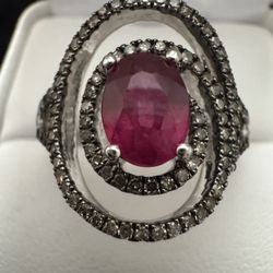 925 Sterling Silver ~8x6mm Ruby & ~1/2CTW Diamond Swirl Ring Size 11