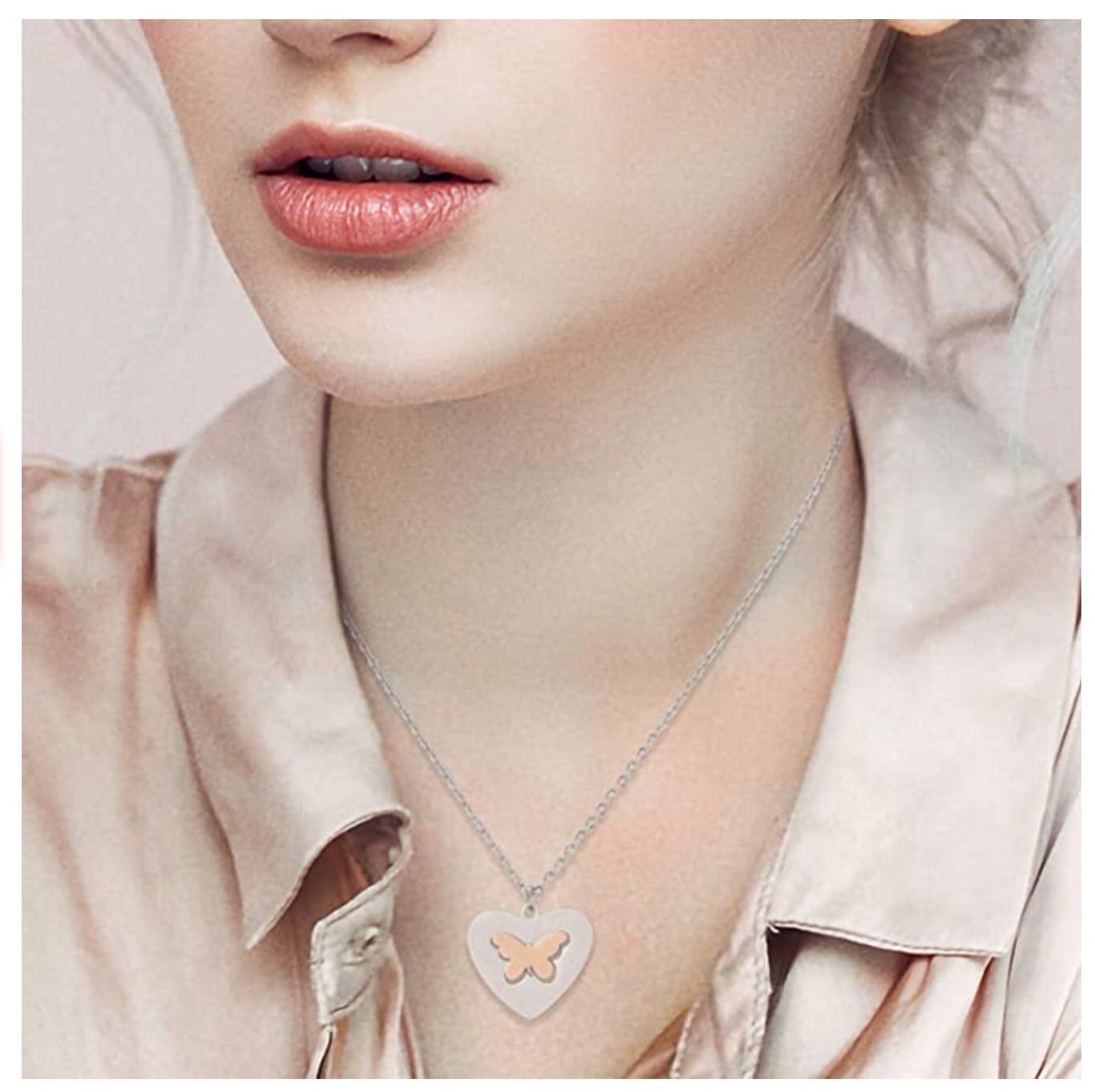  Stainless Steel Butterfly Necklace|Heart-Shaped Rose Gold Plated Two-Tone Pendant Chain is an Exquisite Jewelry Gift for Women, Girls, Teenagers, Gir