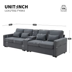 [VIDEO provided] [New] 114.2 Upholstered Sofa with Console, 2 Cupholders and 2 USB Ports Wired or Wirelessly Charged, Modern Linen Fabric Couches with
