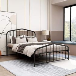 Metal Bed Frame Full/Queen Size Platform No Box Spring Needed with Vintage Headboard and Footboard Premium Steel Slat Support Mattress Foundation