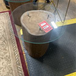 Round End Table With Wood Stand & Top Glass