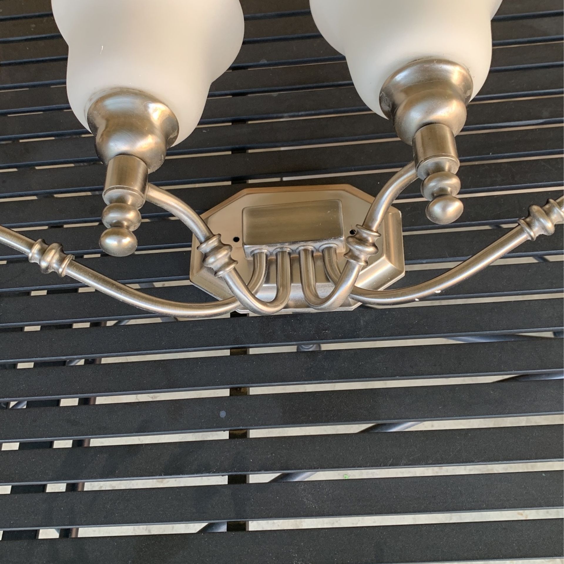 Brushed Nickel Finish Bathroom Light Fixture Alabaster Glass Bells