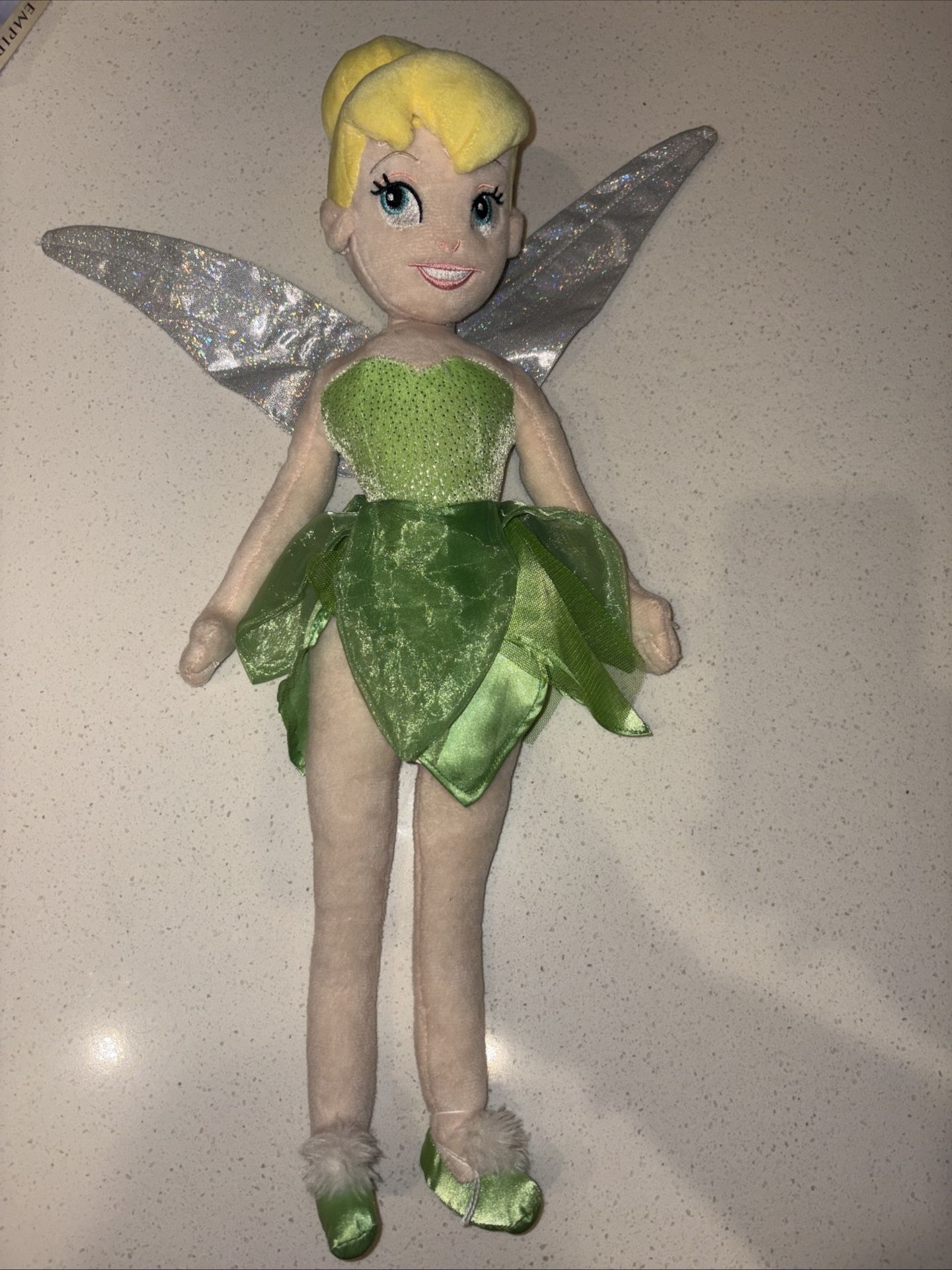 OFFICIAL Disney Tinker Bell Plush Doll with Glittery Wings and Green Dress