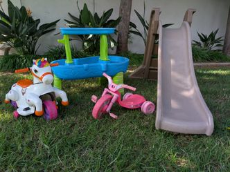 ⭐Kids Outdoor Toy Lot – Slide, Pink Minnie Tricycle, Musical Electrical Unicorn Ride On w/Charger, Water Table Toys